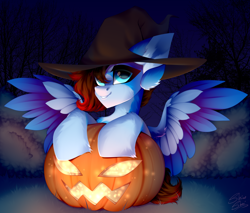 Size: 3500x2981 | Tagged: artist needed, safe, artist:shinoshai, oc, pegasus, pony, commission, halloween, hat, high res, holiday, jack-o-lantern, night, pumpkin, solo, witch hat