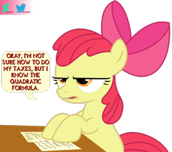 Size: 2000x1760 | Tagged: safe, artist:kuren247, apple bloom, earth pony, pony, g4, apple bloom is not amused, desk, female, filly, foal, paper, simple background, sitting, solo, speech bubble, taxes, text, transparent background, unamused, vector