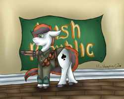 Size: 1280x1024 | Tagged: safe, artist:lil_vampirecj, oc, oc only, oc:wild ace, earth pony, pony, commission, ears back, flag, gun, irish, irish republic, looking away, scene, weapon