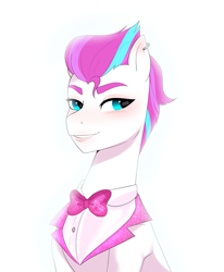 Size: 2067x2510 | Tagged: safe, artist:aztrial, zipp storm, pegasus, pony, baby critters, g5, my little pony: tell your tale, spoiler:g5, spoiler:my little pony: tell your tale, spoiler:tyts01e32, bowtie, clothes, ear piercing, eyebrows, female, handsome, high res, mare, piercing, simple background, smiling, solo, tuxedo, white background