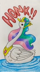 Size: 711x1280 | Tagged: safe, artist:mintytreble, princess celestia, alicorn, bird, goose, pony, g4, female, folded wings, gooselestia, simple background, solo, species swap, traditional art, wings