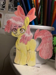 Size: 3024x4032 | Tagged: safe, artist:irlfluttershyy, apple bloom, earth pony, pony, g4, cutout, female, filly, foal, irl, photo, smiling, solo, traditional art