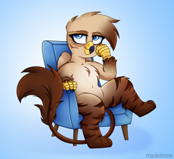 Size: 2500x2276 | Tagged: safe, artist:madelinne, oc, oc only, oc:ace flashtalon, griffon, commission, couch, griffon oc, high res, male, sitting, solo