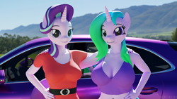 Size: 5760x3240 | Tagged: safe, artist:hunterz263, starlight glimmer, oc, oc:fiona mahri, unicorn, anthro, plantigrade anthro, g4, 3d, 5k, belt, blender, breasts, car, cleavage, clothes, duo, duo female, female, female oc, grin, horn, looking at you, midriff, not sfm, outdoors, smiling, unicorn oc