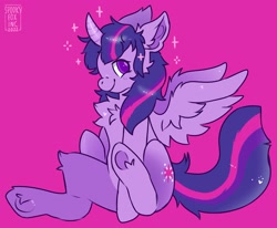 Size: 2048x1689 | Tagged: safe, artist:spookyfoxinc, twilight sparkle, alicorn, pony, g4, chest fluff, cute, fluffy, purple background, simple background, sitting, smiling, solo, sparkles, twilight sparkle (alicorn), wings
