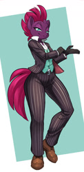Size: 878x1800 | Tagged: safe, artist:dstears, tempest shadow, unicorn, anthro, plantigrade anthro, g4, belt, broken horn, clothes, eye scar, facial scar, gloves, horn, scar, shoes, simple background, suit, tail, wide hips