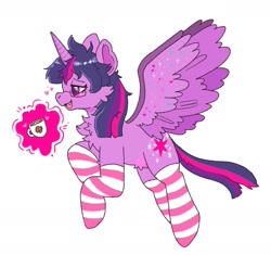 Size: 1685x1581 | Tagged: safe, artist:spookyfoxinc, twilight sparkle, alicorn, pony, g4, blushing, chest fluff, clothes, coffee, glasses, magic, mug, simple background, sleepy, socks, solo, sparkle, stars, stockings, striped socks, thigh highs, twilight sparkle (alicorn), white background