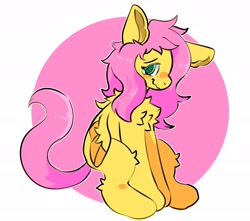 Size: 2048x1811 | Tagged: safe, artist:spookyfoxinc, fluttershy, pegasus, pony, g4, chest fluff, cute, embarrassed, fluffy, folded wings, one ear down, shy, solo, wavy mouth, wings