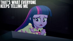 Size: 1280x720 | Tagged: safe, edit, edited screencap, editor:quoterific, screencap, twilight sparkle, human, equestria girls, g4, my little pony equestria girls: rainbow rocks, clothes, female, open mouth, pajamas, sad, solo