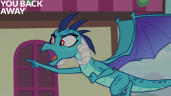 Size: 1280x720 | Tagged: safe, edit, edited screencap, editor:quoterific, screencap, princess ember, dragon, g4, triple threat, angry, dragoness, female, flying, open mouth, pointing, solo, spread wings, wings