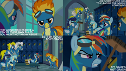 Size: 4400x2475 | Tagged: safe, edit, edited screencap, editor:quoterific, screencap, misty fly, rainbow dash, silver lining, silver zoom, soarin', spitfire, surprise (g4), pegasus, pony, g4, newbie dash, broom, clothes, eyes closed, female, goggles, gritted teeth, irritated, male, mare, open mouth, rainbow crash, rainbow dash is not amused, smiling, smug, stallion, taunting, teeth, unamused, uniform, wonderbolts uniform