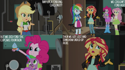 Size: 4400x2475 | Tagged: safe, edit, edited screencap, editor:quoterific, screencap, fluttershy, pinkie pie, rainbow dash, spike, spike the regular dog, sunset shimmer, dog, human, equestria girls, equestria girls specials, g4, my little pony equestria girls: movie magic, cupcake, female, food, frown, implied chestnut magnifico, male, open mouth, open smile, shrug, smiling, tongue out