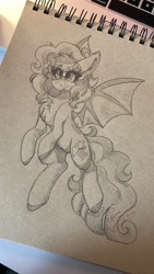 Size: 1152x2048 | Tagged: safe, artist:ezzerie, oc, oc:snooze, bat pony, curly hair, flying, solo, standing, traditional art