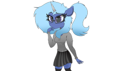 Size: 3840x2160 | Tagged: safe, artist:straighttothepointstudio, oc, oc only, oc:eden amiscythe, unicorn, anthro, anthro oc, clothes, glasses, high res, ponytail, simple background, skirt, solo, stockings, sweater, thigh highs, transparent background