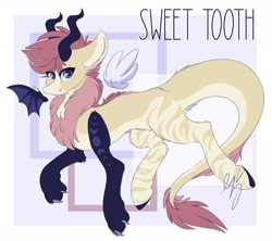 Size: 2048x1819 | Tagged: safe, artist:ezzerie, oc, oc:sweet tooth, draconequus, zebra, bat wings, digital art, heart, heart eyes, horns, paws, solo, wingding eyes, wings