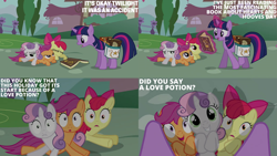 Size: 4403x2475 | Tagged: safe, edit, edited screencap, editor:quoterific, screencap, apple bloom, scootaloo, sweetie belle, twilight sparkle, earth pony, pegasus, pony, unicorn, g4, hearts and hooves day (episode), season 2, :o, bag, book, cutie mark crusaders, eyes closed, female, filly, foal, frown, grin, gritted teeth, magic, mare, open mouth, open smile, saddle bag, smiling, teeth, telekinesis, unicorn twilight, varying degrees of want
