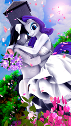 Size: 2160x3840 | Tagged: safe, artist:shadowuwu, rarity, oc, oc:sound shock, alien, alien pony, pegasus, unicorn, anthro, g4, 3d, anthro oc, black sclera, bouquet, canon x oc, cherry blossoms, clothes, dress, duo, female, flower, high res, male, mare, married, married couple, rarishock, source filmmaker, stallion, straight, suit, wedding dress, wedding suit