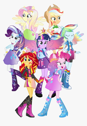 Size: 860x1235 | Tagged: safe, applejack, fluttershy, pinkie pie, rainbow dash, rarity, sunset shimmer, twilight sparkle, human, equestria girls, g4, belt, big crown thingy, boots, clothes, cowboy boots, cowboy hat, element of magic, hat, high heel boots, humane five, humane seven, humane six, jacket, jewelry, ponied up, regalia, shirt, shoes, simple background, skirt, socks, tail, vest, white background, wings