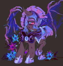 Size: 773x809 | Tagged: safe, artist:geonid, derpibooru exclusive, oc, oc:sharp lily, bat pony, pony, armor, bags under eyes, bat pony oc, bat wings, ears back, fangs, female, flower, glowing, glowing eyes, guardsmare, mare, pink eyes, royal guard, solo, wings