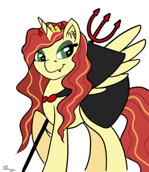 Size: 2072x2384 | Tagged: safe, artist:polonius, oc, oc only, oc:sawa, alicorn, pony, cape, clothes, costume, devil costume, devil horns, ear fluff, fangs, female, high res, horns, makeup, mare, nightmare night, nightmare night costume, poland, simple background, solo, transparent background, trident, warsaw