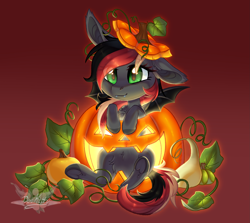 Size: 2423x2160 | Tagged: safe, artist:doekitty, part of a set, oc, oc only, oc:sedonia, bat pony, pony, chest fluff, chibi, commission, female, halloween, high res, holiday, jack-o-lantern, mare, one ear down, pumpkin, solo, ych result