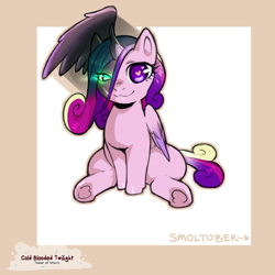 Size: 1200x1200 | Tagged: safe, artist:cold-blooded-twilight, princess cadance, queen chrysalis, alicorn, changeling, changeling queen, pony, g4, :3, disguise, disguised changeling, fake cadance, female, filly, filly queen chrysalis, foal, glowing, glowing eyes, heart, heart eyes, looking at you, mare, sitting, smiling, solo, spread wings, underhoof, wingding eyes, wings, younger