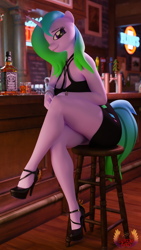 Size: 2160x3840 | Tagged: safe, artist:loveslove, oc, oc only, oc:fiona mahri, unicorn, anthro, plantigrade anthro, 3d, alcohol, anthro oc, bar, black dress, blurry background, breasts, busty oc, clothes, dress, female, food, gradient mane, gradient tail, high heels, high res, horn, jack daniels, looking at you, looking left, shoes, sitting, smiling, smiling at you, solo, tail, tequila, unicorn oc, whiskey