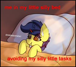 Size: 813x721 | Tagged: safe, artist:shepardinthesky, oc, oc only, oc:cheeseblood, bed, cute, ear fluff, fangs, lying down, lying on bed, meme, on bed, solo