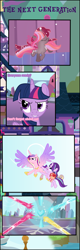 Size: 1515x4752 | Tagged: safe, artist:shootingstarsentry, princess cadance, starlight glimmer, twilight sparkle, oc, oc:nightingale (shootingstarsentry), oc:star curve, alicorn, pony, unicorn, comic:the next generation, g4, artificial wings, augmented, baby, baby pony, crystal heart, magic, magic wings, offspring, parent:starlight glimmer, parent:sunburst, parents:starburst, twilight sparkle (alicorn), wings