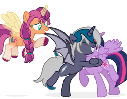 Size: 1488x1164 | Tagged: safe, artist:yeetmedownthestairs, sunny starscout, twilight sparkle, oc, oc:elizabat stormfeather, alicorn, bat pony, bat pony alicorn, pony, mlp fim's twelfth anniversary, g5, my little pony: a new generation, alicorn oc, bat pony oc, bat wings, bipedal, cute, eyes closed, flying, grin, horn, hug, markings, race swap, raised hoof, raised leg, simple background, smiling, sunnycorn, transparent background, trio, twilight sparkle (alicorn), unshorn fetlocks, wings