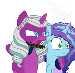 Size: 1297x1261 | Tagged: safe, artist:yeetmedownthestairs, misty brightdawn, opaline arcana, alicorn, pony, unicorn, g5, spoiler:g5, spoiler:my little pony: make your mark, angry, at gunpoint, bipedal, duo, gun, handgun, hostage, human shield, markings, nose wrinkle, open mouth, pistol, raised hoof, scrunchy face, simple background, this will end in death, this will end in tears, this will end in tears and/or death, threatening, transparent background, unshorn fetlocks