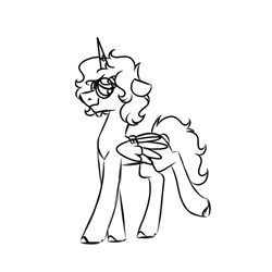 Size: 900x900 | Tagged: safe, artist:fuckomcfuck, oc, oc only, oc:sweet treat, earth pony, pony, doodle, fake horn, fake wings, glasses, monochrome, nonbinary, simple background, solo, white background