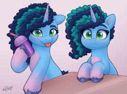 Size: 3500x2600 | Tagged: safe, artist:rivin177, misty brightdawn, pony, unicorn, g5, my little pony: make your mark, :p, big eyes, curly hair, cute, drink, drinking straw, duality, gradient hooves, gradient horn, high res, hooves, horn, mistybetes, raised hoof, smoothie, table, tongue out