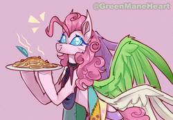 Size: 3000x2086 | Tagged: safe, artist:greenmaneheart, pinkie pie, earth pony, pony, fanfic:cupcakes, g4, clothes, cutie mark dress, dress, feather, food, high res, pasta, solo