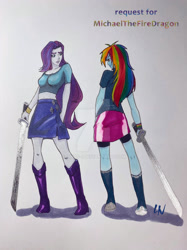 Size: 1280x1707 | Tagged: safe, artist:linds-i, rainbow dash, rarity, human, equestria girls, g4, duo, duo female, female, katana, looking at each other, looking at someone, simple background, sword, traditional art, weapon, white background