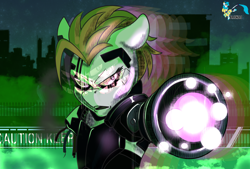 Size: 3840x2600 | Tagged: safe, artist:brainiac, oc, oc only, oc:jump cannon, cyborg, earth pony, pony, the sunjackers, crossover, cyberpsychosis, cyberpunk, cyberpunk 2077, female, happy halloween, high res, link in description, mare, police officer, solo