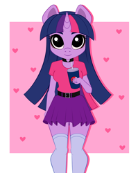 Size: 3076x3857 | Tagged: safe, artist:vetta, twilight sparkle, anthro, g4, choker, clothes, cute, female, high res, mare, pepsi, skirt, socks, soda, solo, thigh highs, twiabetes