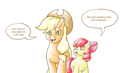 Size: 2140x1286 | Tagged: safe, artist:da_space_kase, artist:katsaka, artist:spacekase, apple bloom, applejack, earth pony, pony, g4, dialogue, duo, female, filly, foal, implied appledash, implied lesbian, implied rainbow dash, implied shipping, meme, simple background, speech bubble, white background