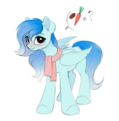 Size: 635x647 | Tagged: safe, artist:vetta, oc, oc only, oc:sky (oda 1997), oc:сloudy dream, pegasus, pony, carrot, clothes, cookie, disguise, food, g5 oc, oda 1997, scarf, simple background, white background