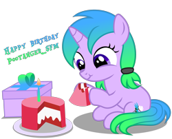 Size: 3850x3105 | Tagged: safe, artist:strategypony, oc, oc only, oc:fiona mahri, pony, unicorn, birthday, birthday cake, cake, candle, cute, eating, female, filly, foal, food, high res, hoof hold, horn, pigtails, pink skin, plate, present, purple eyes, show accurate, simple background, sitting, text, transparent background, twintails, unicorn oc