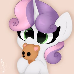 Size: 3000x3000 | Tagged: safe, artist:daftramms, sweetie belle, pony, unicorn, g4, cute, fanart, high res, plushie, simple background, solo, teddy bear