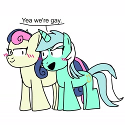 Size: 1773x1773 | Tagged: safe, artist:sketchyboi25, bon bon, lyra heartstrings, sweetie drops, earth pony, pony, unicorn, g4, blushing, dialogue, duo, female, lesbian, ship:lyrabon, shipping, simple background, white background