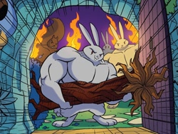 Size: 998x750 | Tagged: safe, artist:tonyfleecs, idw, rabbit, squirrel, g4, legends of magic, spoiler:comic, animal, buff, cursed image, group, male, muscles, torch, tree trunk, what has magic done