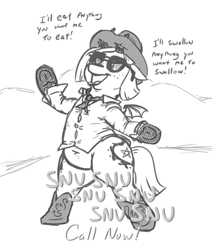 Size: 497x587 | Tagged: safe, artist:jargon scott, oc, oc only, oc:snusnu, pony, succubus, succubus pony, beetlejuice, belly button, bipedal, black and white, boots, cowboy boots, cowboy hat, dialogue, fat, female, freckles, grayscale, hat, mare, monochrome, open mouth, open smile, shoes, simple background, smiling, solo, succubus oc, sunglasses, white background