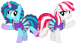 Size: 8171x4610 | Tagged: safe, artist:ejlightning007arts, misty brightdawn, sugar moonlight, earth pony, pony, unicorn, 2 4 6 greaaat, g4, g5, my little pony: a new generation, my little pony: make your mark, base used, cheerleader, cheerleader outfit, clothes, clothes swap, coat markings, duo, duo female, female, freckles, g5 to g4, generation leap, glitter, makeup, mare, raised hoof, simple background, smiling, socks (coat markings), transparent background, vector