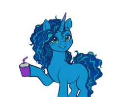 Size: 654x521 | Tagged: safe, artist:vetta, misty brightdawn, pony, unicorn, g5, blank flank, freckles, gradient horn, hoof hold, horn, simple background, smoothie, solo, white background