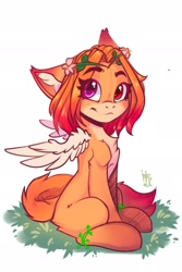 Size: 1367x2048 | Tagged: safe, artist:falafeljake, oc, oc only, fox, fox pony, hybrid, countershading, floral head wreath, flower, looking at you, simple background, solo, white background, wings