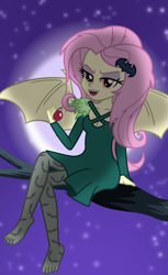 Size: 4600x7517 | Tagged: safe, artist:emeraldblast63, artist:uotapo, fluttershy, bat pony, human, equestria girls, g4, apple, bat ponified, bat wings, boob window, breasts, broom, cleavage, clothes, crossed legs, dress, eyeshadow, fangs, flutterbat, food, hairpin, legs, makeup, missing shoes, moon, race swap, red eyes, stars, stocking feet, toes, tree branch, wings