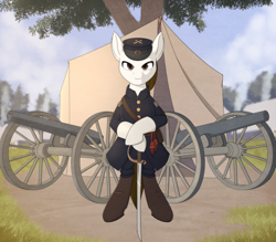 Size: 2000x1750 | Tagged: safe, artist:silverfox057, oc, oc only, oc:rough seas, earth pony, pony, american civil war, cannon, earth pony oc, male, officer, smiling, solo, stallion, standing on two hooves, sword, tent, weapon