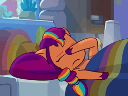 Size: 720x540 | Tagged: safe, screencap, sunny starscout, earth pony, pony, g5, my little pony: tell your tale, nightmare roommate, spoiler:g5, spoiler:my little pony: tell your tale, spoiler:tyts01e04, animated, bed, cute, female, mane stripe sunny, mare, rubbing eyes, sleeping, sleeping on mane, sunnybetes